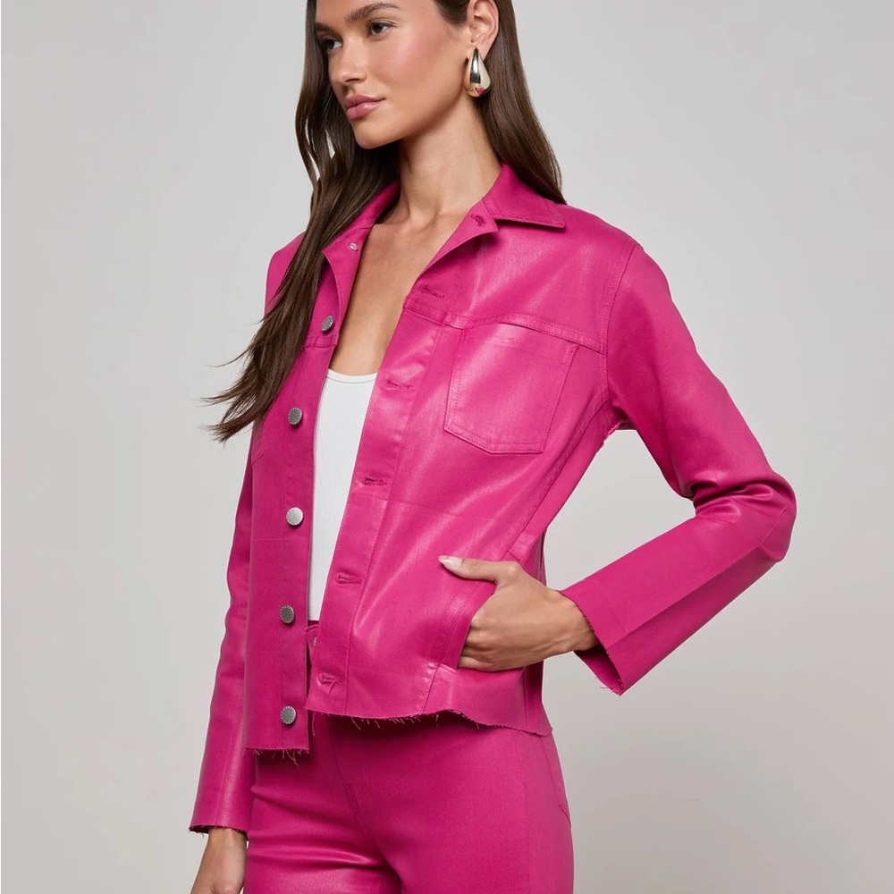 $410 NWT L’Agence Sz Large Janelle Coated Jean Jacket in Hot Neon Barbie Pink